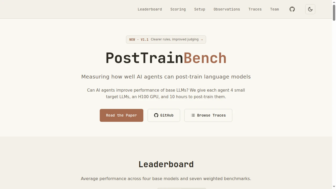 PostTrainBench website showing its language-model training benchmark